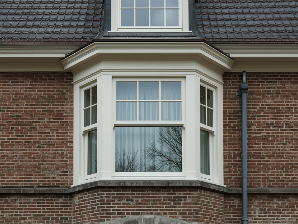 Close-up witte kunststof erkerkozijnen op stenen gevel jaren-30 huis in Velp
