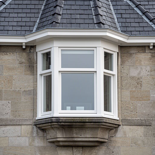 Close-up van witte kunststof erkerkozijnen op een stenen gevel in Huissen