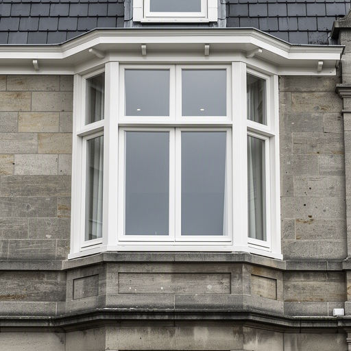 Close-up witte kunststof erker kozijnen op een bakstenen gevel in Bottendaal, Nijmegen.