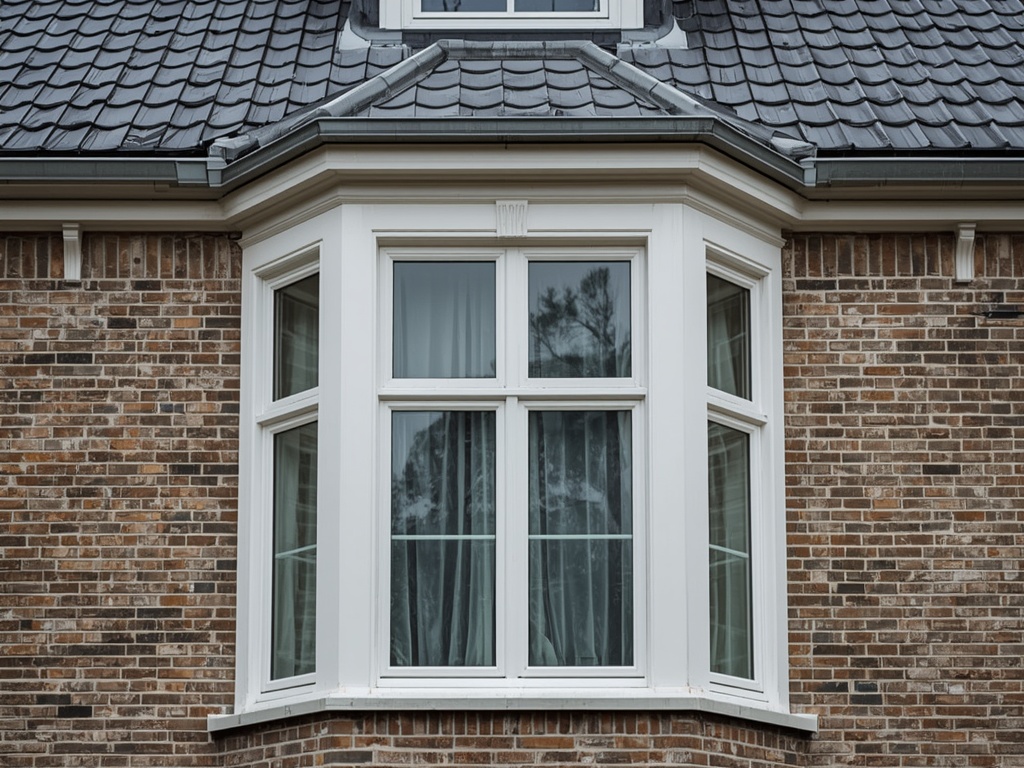 Close-up wit kunststof erkerkozijn op bakstenen gevel Elster woning