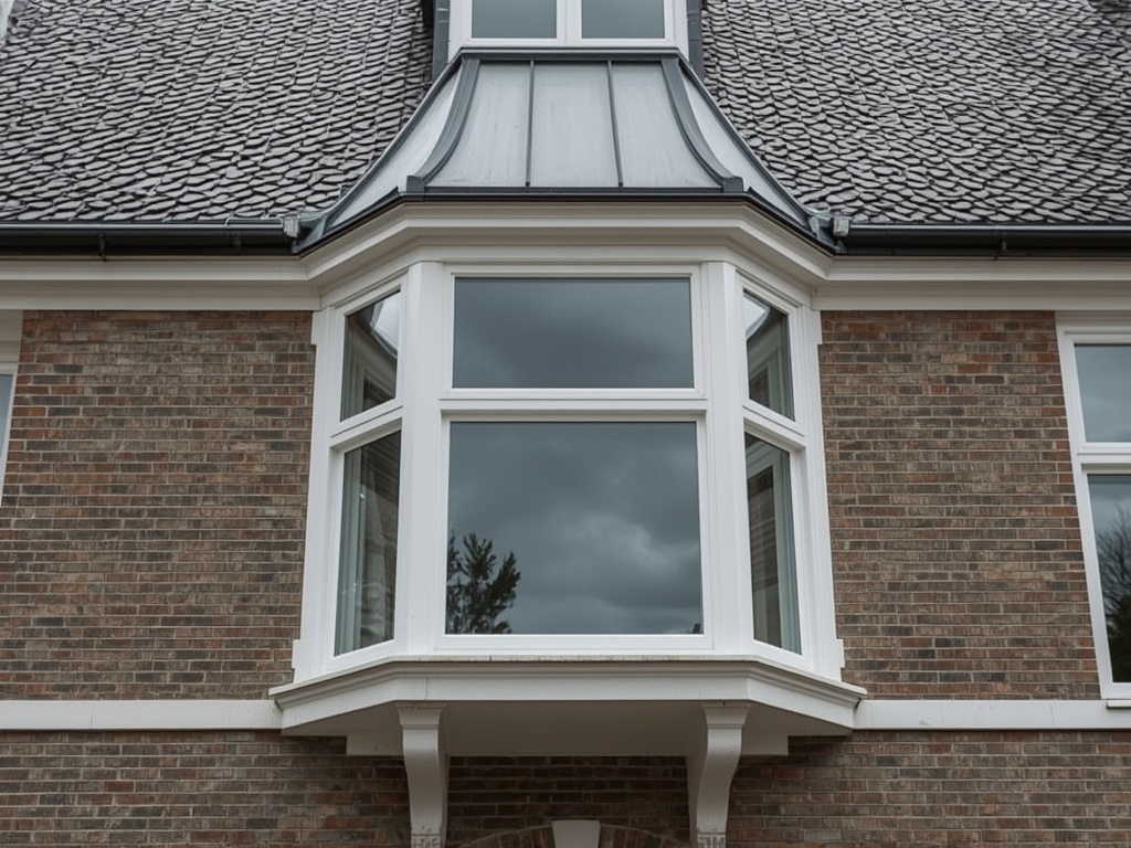 Close-up kunststof erkerkozijnen wit op stenen gevel van een jaren-30 woning in Zevenaar