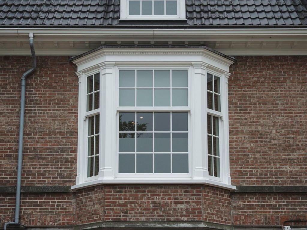 Close-up van witte kunststof erkerkozijnen op bakstenen gevel jaren-30 woning Rheden