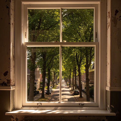 Interieur Elster woning met uitzicht door kunststof kozijnen op groene tuin