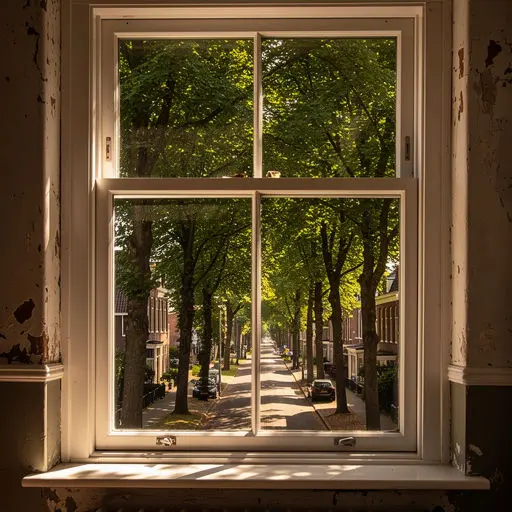 Interieur Elster woning met uitzicht door kunststof kozijnen op groene tuin