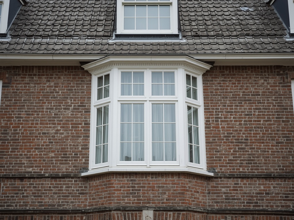 Close-up kunststof erker kozijnen wit op stenen gevel jaren-20 Arnhem
