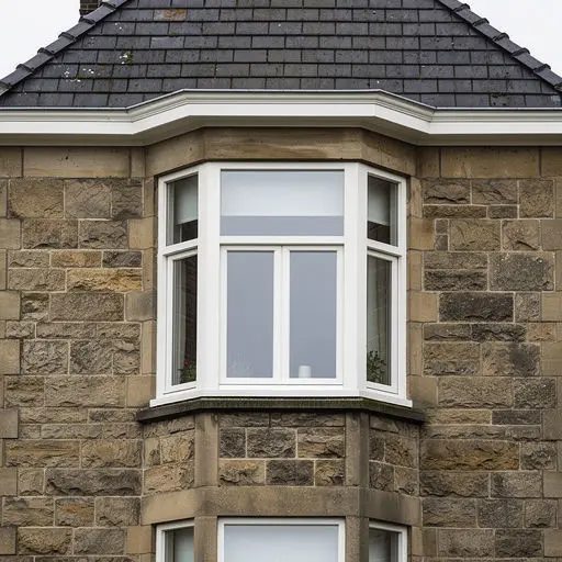 Detailopname kunststof erkerkozijnen wit op bakstenen gevel Huissen