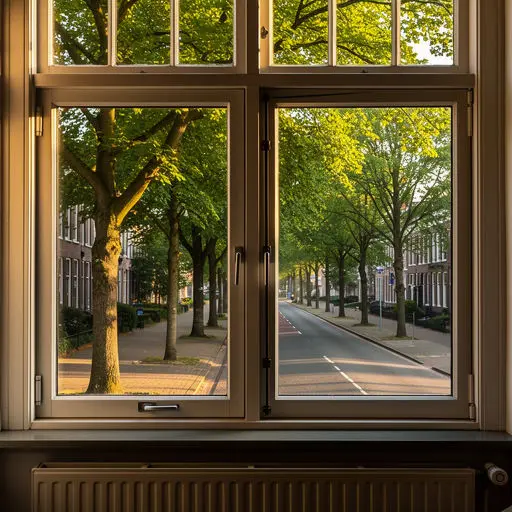 Interieur Velps appartement met panorama uitzicht door nieuwe zwarte kunststof kozijnen op de bossen van de Veluwezoom
