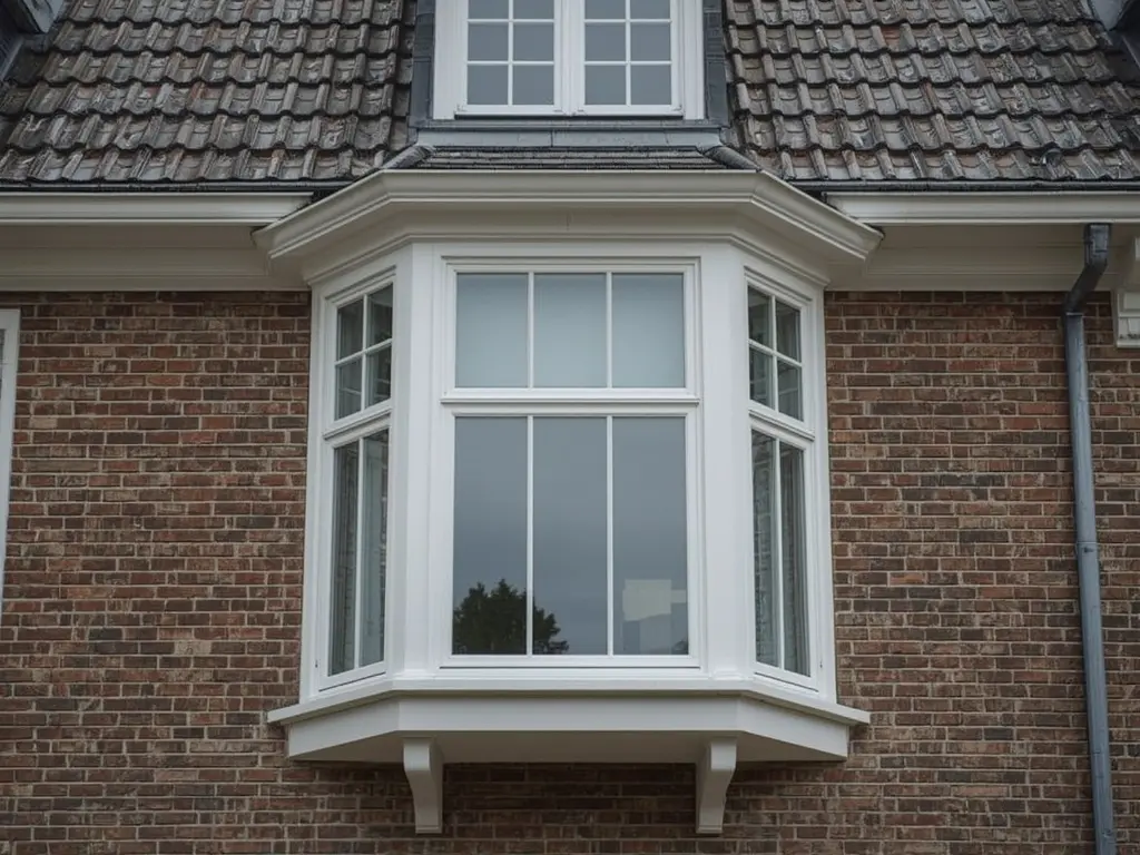 Detailopname kunststof kozijn met fijne houtnerfstructuur op bakstenen muur in Duiven