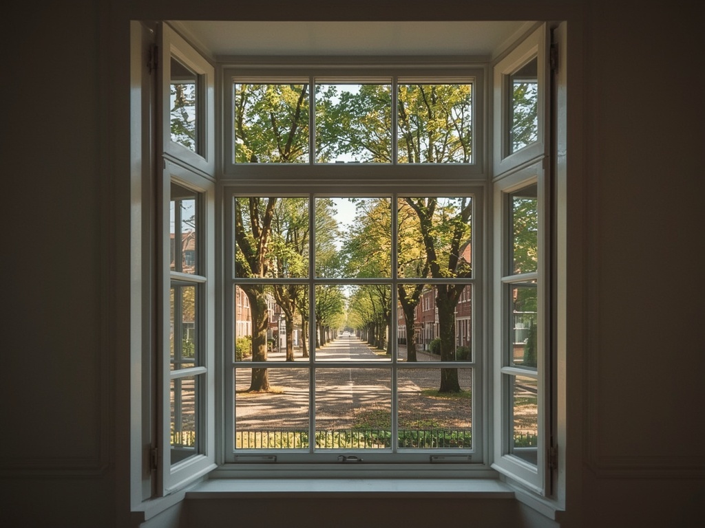 Interieur Arnhems herenhuis met uitzicht door kunststof kozijnen op bomenrij